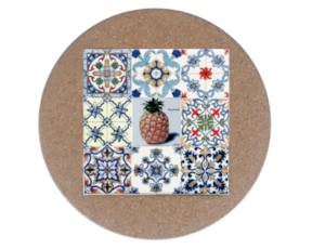 Azulejo decorado 15x15 cm com base de cortiça redonda multi-padrão ananás