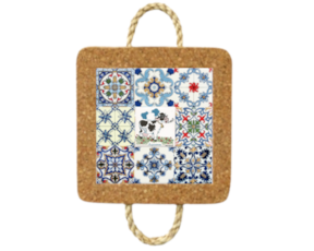 Base de cortiça com corda e azulejo decorado 10x10 cm multi-padrão vaquinha