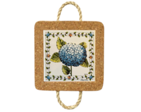 Base de cortiça com corda e azulejo decorado 10x10 cm motivo hortênsia