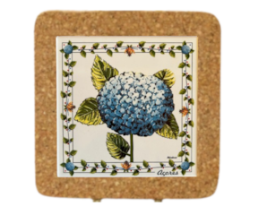 Azulejo decorado 15x15 cm com base em cortiça motivo hortênsia