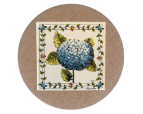 Azulejo decorado 15x15 cm com base de cortiça redonda motivo hortênsia