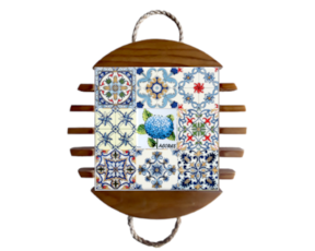 Base de tacho em madeira envernizada com azulejo decorado 10x10 cm multi-padrão hortênsia