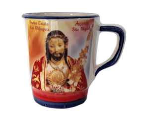 Caneca decorada em faiança motivo Santo Cristo
