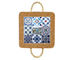 Base de cortiça com corda e azulejo decorado 10x10 cm multi-padrão lagoa das 7 cidades