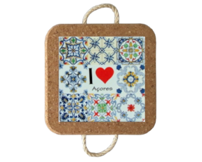 Azulejo decorado 15x15 cm com base de cortiça com corda motivo I love Açores