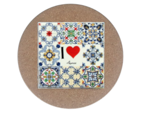 Azulejo decorado 15x15 cm com base de cortiça redonda motivo I love Açores