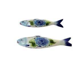 Sardinha decorativa em faiança pintada à mão motivo hortênsia