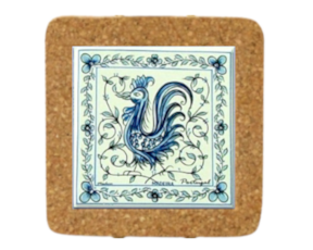 Azulejo decorado 15x15 cm com base de cortiça motivo galo de Águeda 