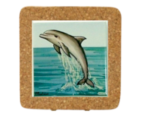Azulejo decorado 15x15 cm com base de cortiça motivo golfinho