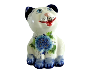 Cão decorativo em faiança pintado à mão motivo Hortênsia