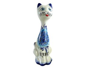 Gato esguio decorativo em faiança pintado à mão motivo Hortênsia