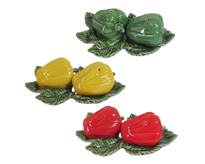 Set saleiro/pimenteiro formato pimento em faiança pintado à mão