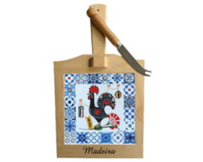 Tábua de queijo em madeira natural com azulejo decorado 10*10 cm galo de Barcelos