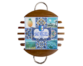 Base de tacho em madeira natural com azulejo decorado 10*10 cm motivo São Miguel - Açores