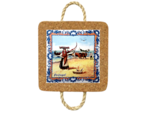 Base de cortiça com corda e azulejo decorado 10*10 cm arte xávega