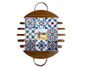 Base de tacho em madeira envernizada com azulejo decorado 10*10 cm multi-padrão arte xávega
