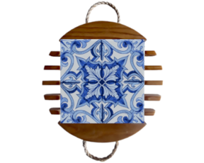 Base de tacho em madeira envernizada com azulejo decorado 10*10 cm padrão 79A.