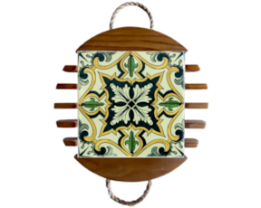 Base de tacho em madeira envernizada com azulejo decorado 10*10 cm padrão 79V.