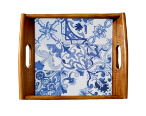 Tabuleiro asa lisa envernizado com azulejo decorado 15*15 cm padrão 76A