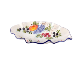 Saladeira oval ondulada alta em faiança pintada a mão decoração frutos