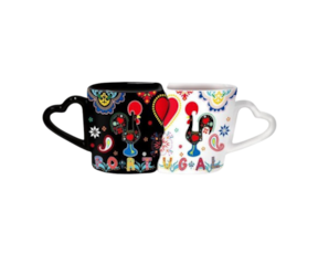 Caneca casal em faiança decorada motivo galo de Barcelos 