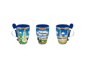 Caneca com colher em faiança decorada motivo Fátima cores (6 cm)