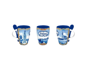 Caneca com colher em faiança decorada motivo Fátima azul (6 cm)