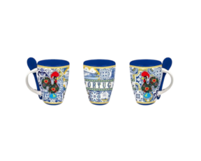 Caneca com colher em faiança decorada motivo galo de Barcelos (6 cm)