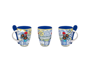 Caneca com colher em faiança decorada galo de Barcelos 