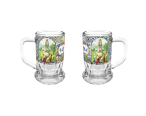 Mini caneca licor em vidro decorada motivo Fátima 