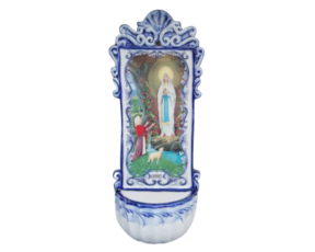 Fonte retangular em faiança decorada motivo Nossa Senhora de Lourdes
