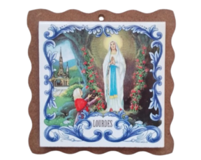 Azulejo 7.5*7.5 cm decorado com madeira Nossa Senhora de Lourdes