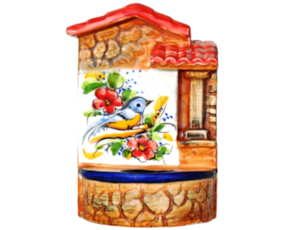 Fonte em faiança com 2 telhados pintada à mão decoração Primavera / Pássaro