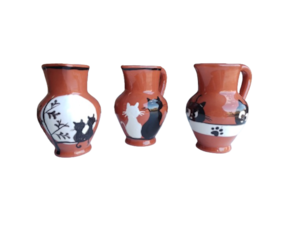 Jarro pipa pintado à mão em cerâmica (barro vermelho) decoração gatos