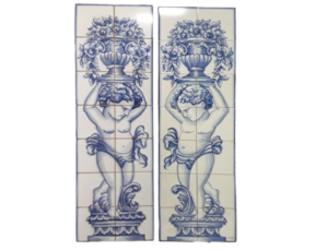 Painel de azulejos pintados à mão, tema meninos em tom de azul