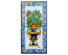 Painel pintado à mão composto por 2 azulejos florão cores