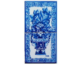 Painel pintado à mão composto por 2 azulejos florão azul