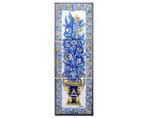 Painel pintado à mão composto por 3 azulejos florão azul e amarelo