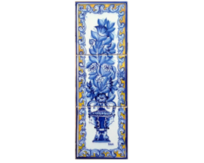 Painel pintado à mão composto por 3 azulejos florão azul beira amarela