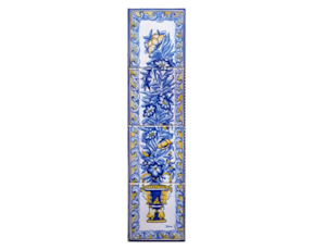 Painel pintado à mão com 4 azulejos florão azul e marelo