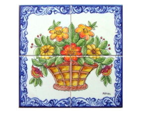 Painel pintado à mão com 4 azulejos cesto flor cor