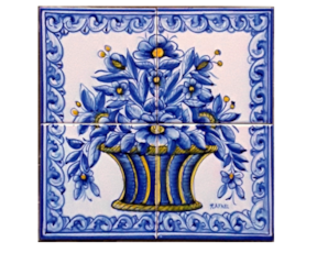 Painel pintado à mão com 4 azulejos cesto flores azul e amarelo