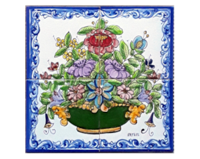 Painel pintado à mão com 4 azulejos Cesto flores cor
