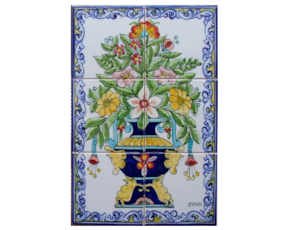 Painel pintado à mão composto por 6 azulejos florão cores