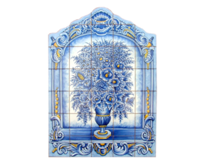 Painel pintado à mão composto por 33 azulejos florão azul e amarelo