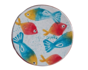 Base de copo em cerâmica pintado à mão decoração peixinhos
