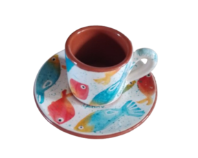 Chávena de café com bordo em cerâmica pintada à mão decoração peixinhos (52)